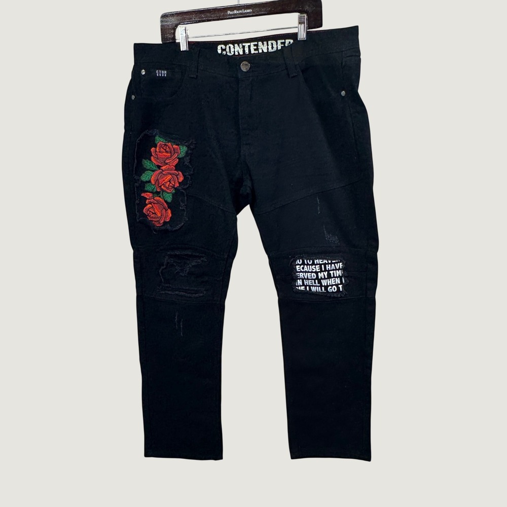 Contender Distressed Rose Embroidered Jeans 38x30 Black Streetwear Moto Edgy